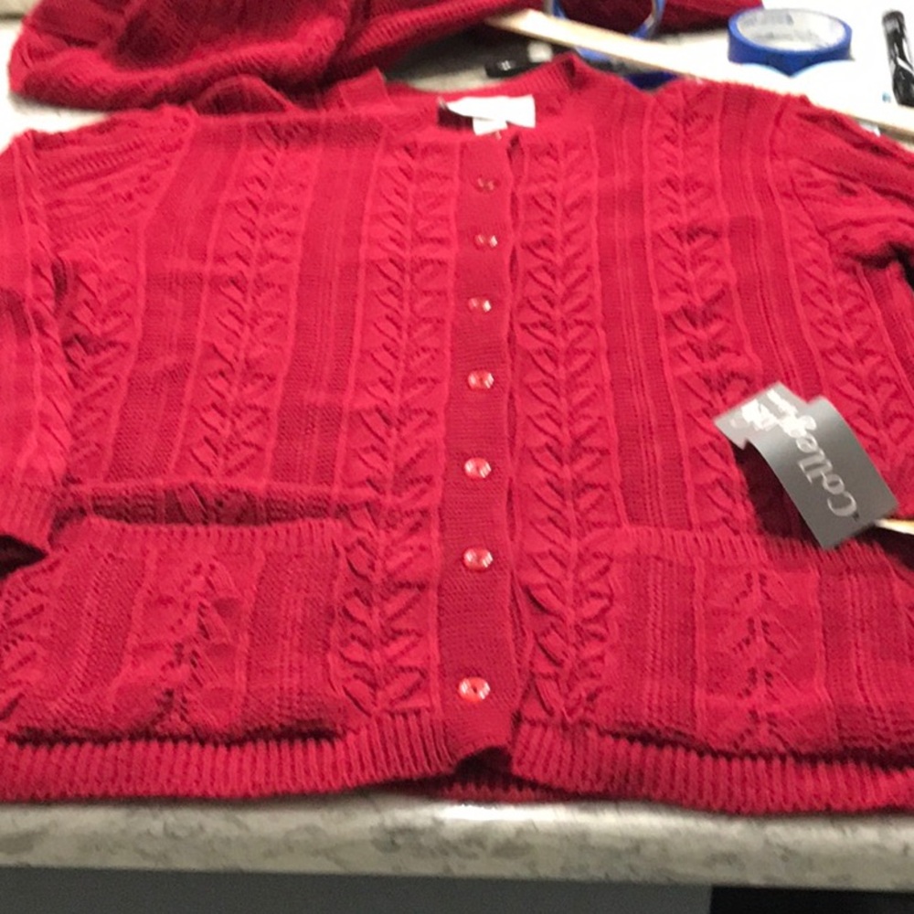 This is a vintage rust cardigan sweater for women by College Point. Maroon